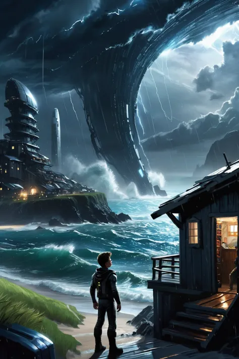 scifi, <lora:EnvySendNoodzXL01:0>1boy, man, ruggedly handsome, noon, architecture, interstellar Coastal village during a storm<lora:EnvyBetterHiresFixXL01:0:hr=1><lora:EnvyBeginningOfTimeXL01:1>