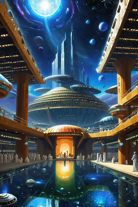 a painting of a futuristic city with a giant building and a large pool