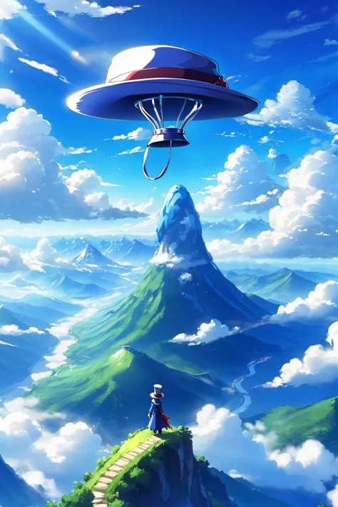 a man standing on a hill with a spaceship flying over him