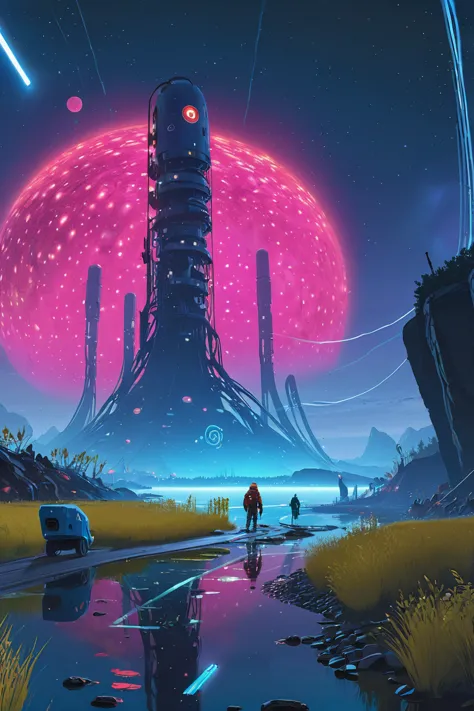 a man standing in front of a futuristic city with a giant pink ball