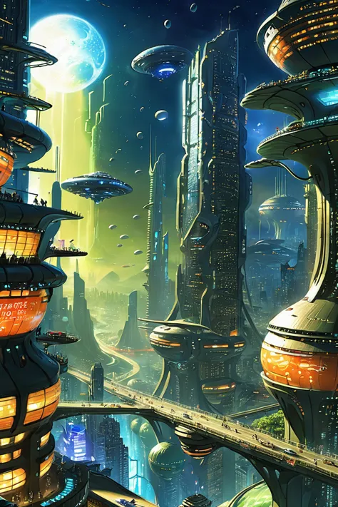 futuristic city with futuristic buildings and flying saucers in the sky