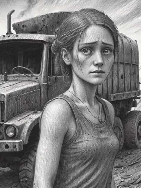 pencil, drawing,  by Brian Selznick 2d artwork, concept art, upper body, a woman on watelands, dust,  rusted heavy vehicles on the background, artistic approach, post apocalytic aesthetics,  <lora:Brian_Selznick_Style_XL:0.7>