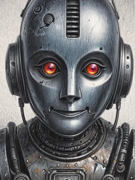 a close up of a robot with red eyes and a headphone