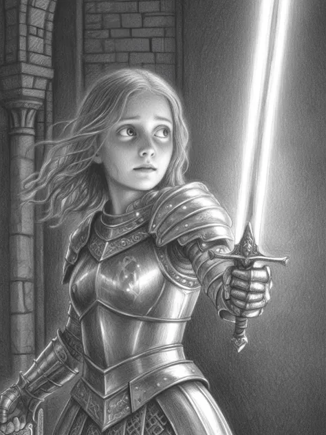 pencil, drawing,  by Brian Selznick, girl knight, holding a sword, dazzling ,transparent , (1 arm up), waving sword, glowing armor, glowing eyes, full armor, hyper detailed, perfect anatomy, (in castle:1.2),    <lora:Brian_Selznick_Style_XL:0.8>