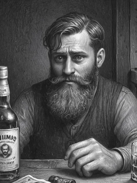 arafed drawing of a man sitting at a table with a bottle of whiskey