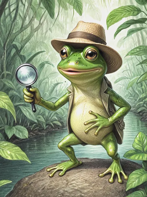 a close up of a frog with a hat and a magnifying glass