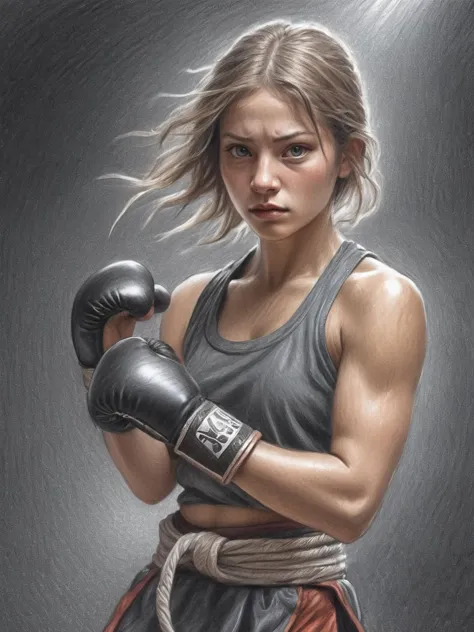 a painting of a woman in a boxing outfit with a glove