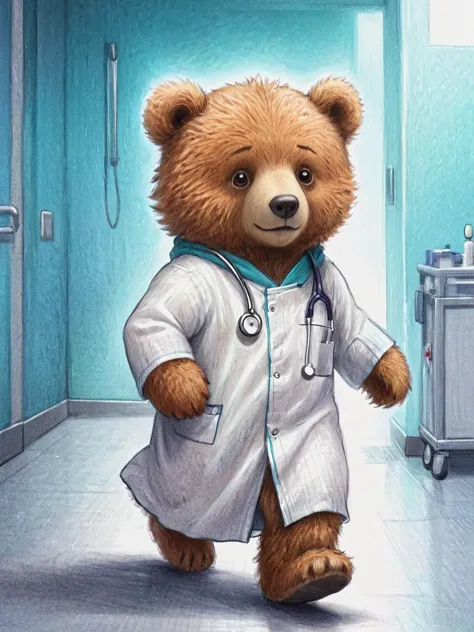 cute clumsy teddy bear wearing medical gown, walking on the hospital, detailed puffy fur, highly detailed, illustration,  artstation, octane,  <lora:add-detail-xl:1.2>,   <lora:Brian_Selznick_Style_XL:1>, pencil, drawing,  by Brian Selznick