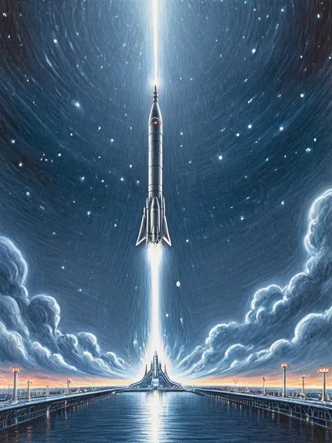 Modernist, modernist view of  pencil, drawing,  by Brian Selznick a futuristic scene with a sleek, advanced rocket launching from a high-tech spaceport. Use metallic structures, glowing lights, and advanced technology to convey a sense of progress and innovation    <lora:Brian_Selznick_Style_XL:0.6>. 18mm lens, f/4, minimalistic, strong lines