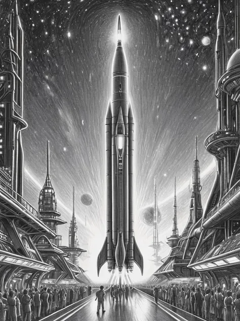 Modernist, modernist view of  pencil, drawing,  by Brian Selznick a futuristic scene with a sleek, advanced rocket launching from a high-tech spaceport. Use metallic structures, glowing lights, and advanced technology to convey a sense of progress and innovation    <lora:Brian_Selznick_Style_XL:0.6>. 18mm lens, f/4, minimalistic, strong lines