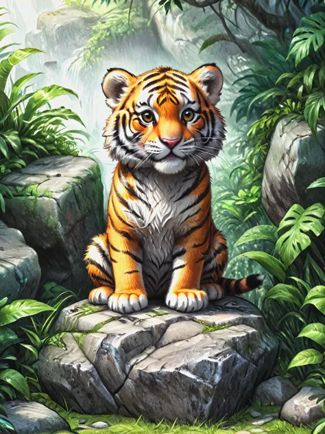 cute baby tiger sitting on the stone, detailed fur,  jungle, highly detailed, trend on artstation, concept art, sharp focus, illustration, volumetric lighting, epic Composition,   <lora:Brian_Selznick_Style_XL:1.3> pencil, drawing,  by Brian Selznick,  <lora:xl_more_art-full_v1:0.8>