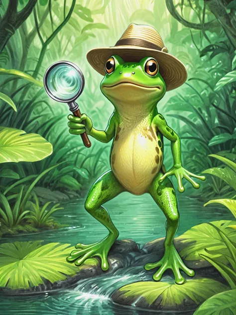 a close up of a frog with a hat and a magnifying glass