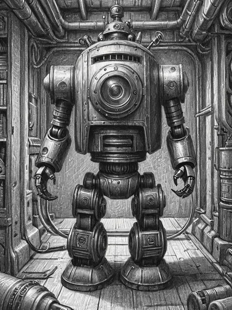 pencil, drawing,  by Brian Selznick, old dirty robot,  vivid colors <lora:Brian_Selznick_Style_XL:0.8>