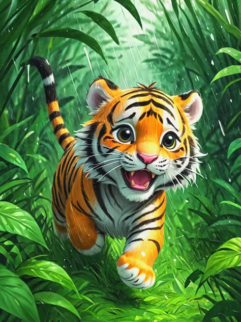 painting of a tiger running through the jungle with a rain shower