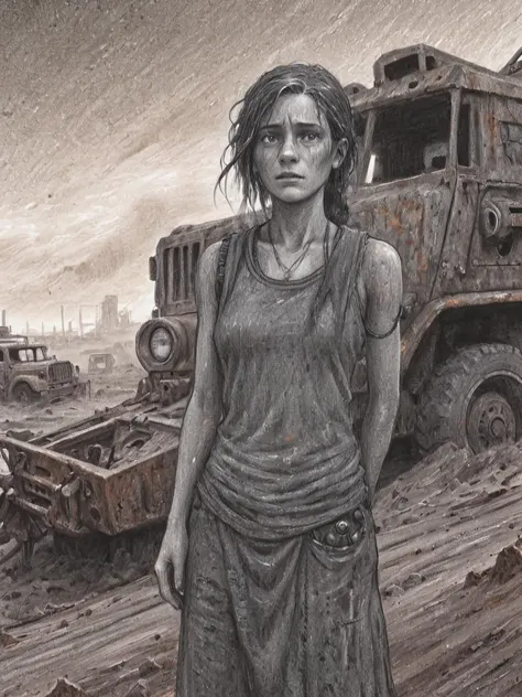 painting of a woman standing in front of a truck in a dirty field