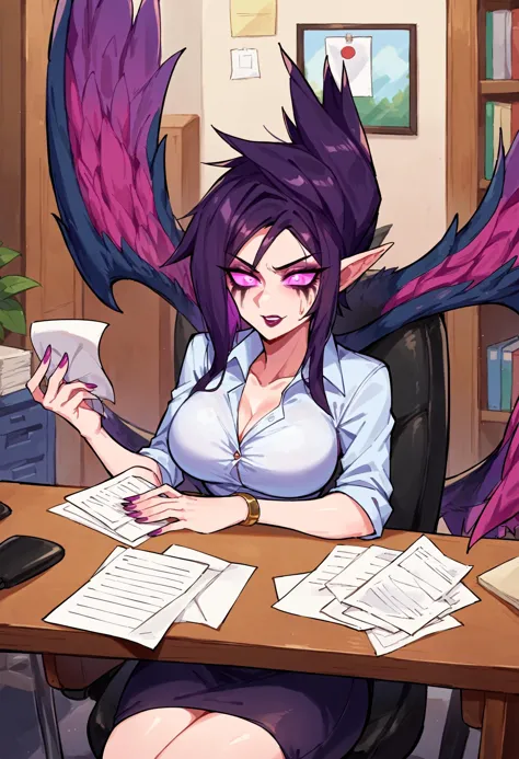 anime girl sitting at a desk with a lot of papers