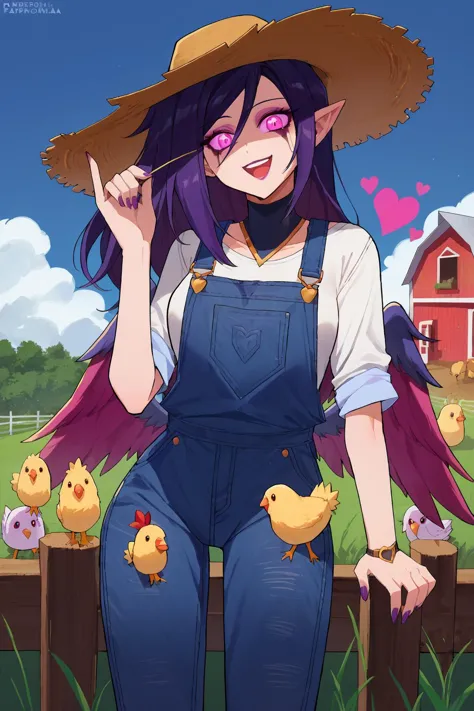 score_9, score_8_up, 1girl, solo, vivid colors, high contrast, smile, heart <lora:Morgana PonyXL Anzhc:1> morgana, denim overalls, chickens, farm, happy, straw hat