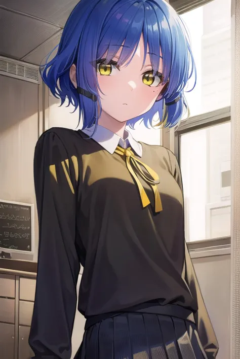 anime girl with blue hair and a black shirt and a yellow tie