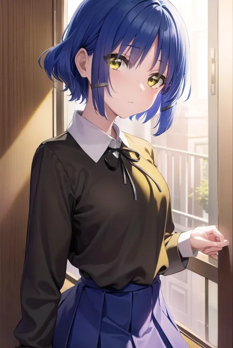 anime girl with blue hair and black shirt looking out a window