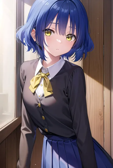 anime girl with blue hair and yellow bow tie standing by window