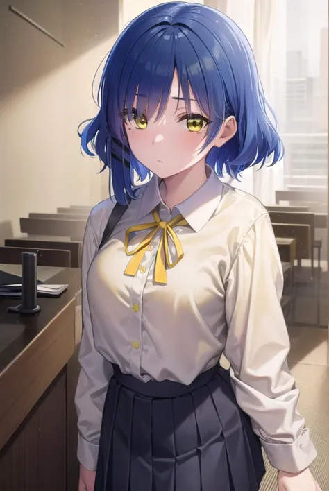 anime girl with blue hair and yellow eyes in a white shirt