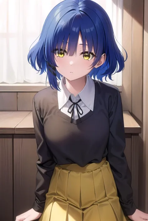 anime girl with blue hair and yellow eyes sitting on a counter