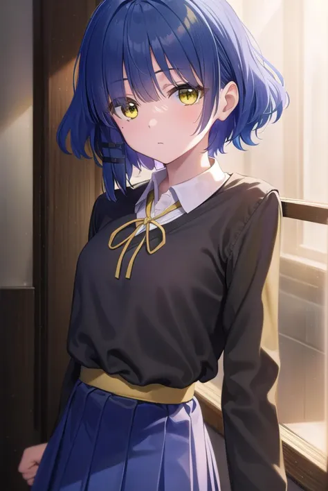 anime girl with blue hair and yellow eyes standing in front of a window