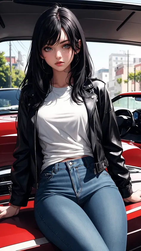 (masterpiece:1.2, best quality), a girl sitting on hood of black Impala 1967, 1 girl, leather jacket, leather pants, black hair, long hair, dynamic angles