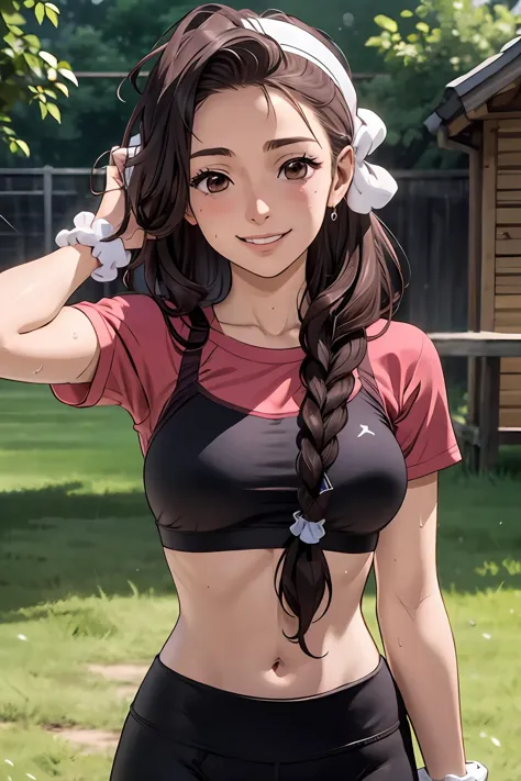 anime girl with long hair and a red shirt posing in a yard