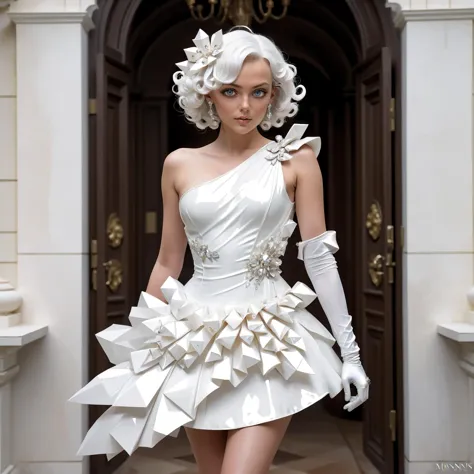 (portrait:1.2), adult, woman, Side-Swept Curls with Hairpin, wearing lgdress_1, one shoulder white dress, unique, avant-garde si...