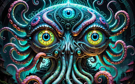 Octopus-tentacles (Immense detail) (android, cyborg) (all-seeing eye:1.3) Morphing Hypnotic deep-state illustration (psychedelic art) surrealism, dark and evil glow, glow neon paint, defined sharp edges, mystical,  (Multi-dimensional:1.2) (god diety ethereal spooky horror:1.2)