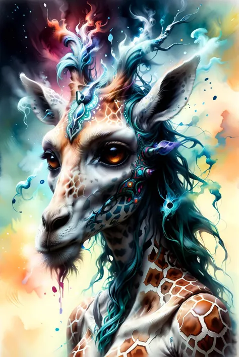 tattoo concept art, cybernetic giraffe head, symmetrical psychedelic watercolor, tribal art, tribal tattoo, giraffe deity, giraf...