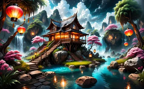 photograph style, vibrant natural colors, view from below, mythical wonderland oasis with fluffy clouds above and waterfalls pouring from rocks, dark atmosphere, flower trees, lanterns, crystal clear water, (cozy small fantasy wooden house in center), chimey with smoke, otherworldly tall grass, 8K, best quality, full sharp, highly detailed, extreme quality