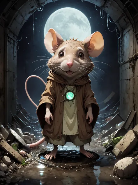 anthropomorphic humanoid brown rat druid in sewer, dirty grungy garbage
moon light, night, magic light particles
anime, Ghibli, ...