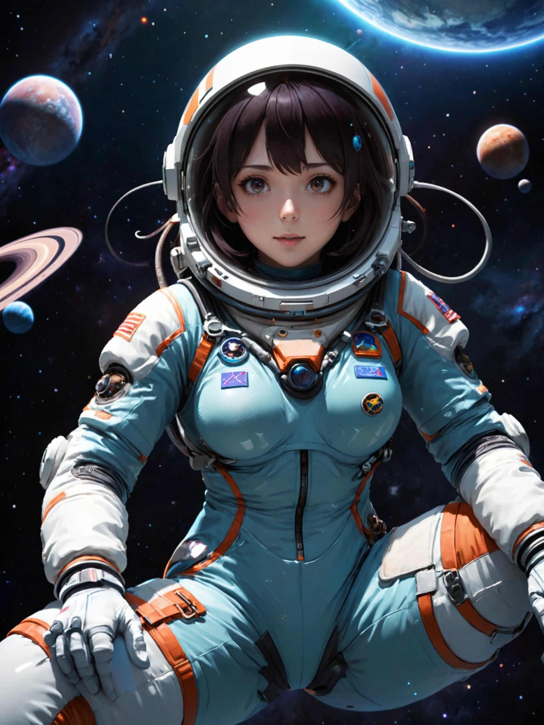 宇宙服を着た女性, 宇宙に浮かぶ3Dモダンアニメスタイル, 詳細な背景