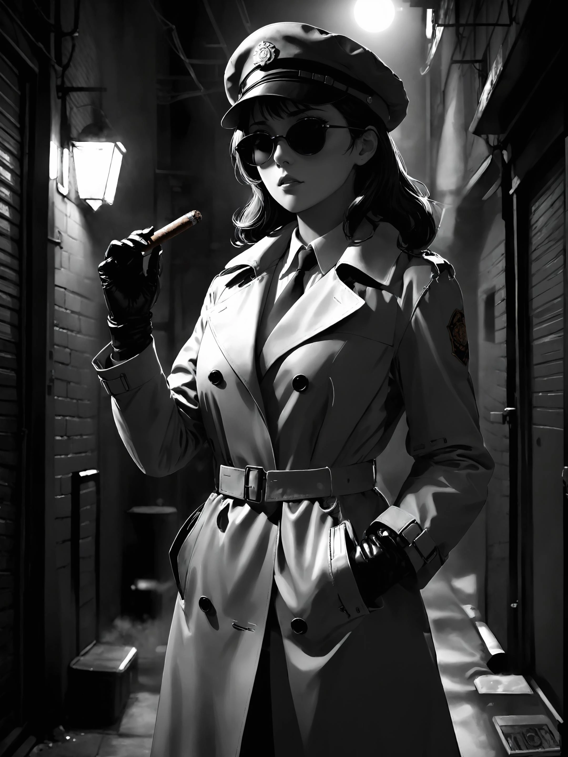 detective mujer vistiendo gabardina, gorra, Gafas de sol, guantes de cuero, Parado en un callejón encendiendo un cigarro., Cine negro, noche en blanco y negro, anime oscuro, ghibli, estilo coherente