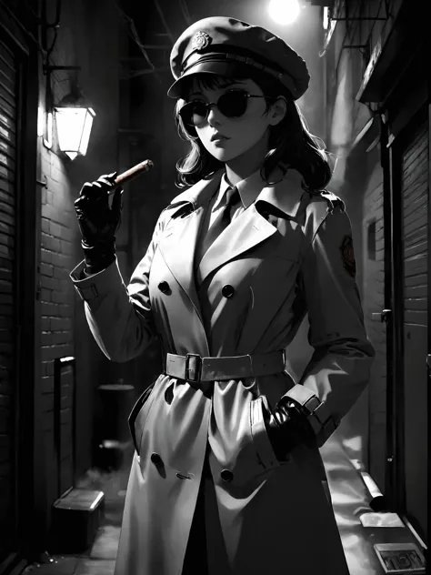 female detective wearing trench coat, cap, sunglasses, leather gloves, standing in back alley lighting a cigar, film noir, black...