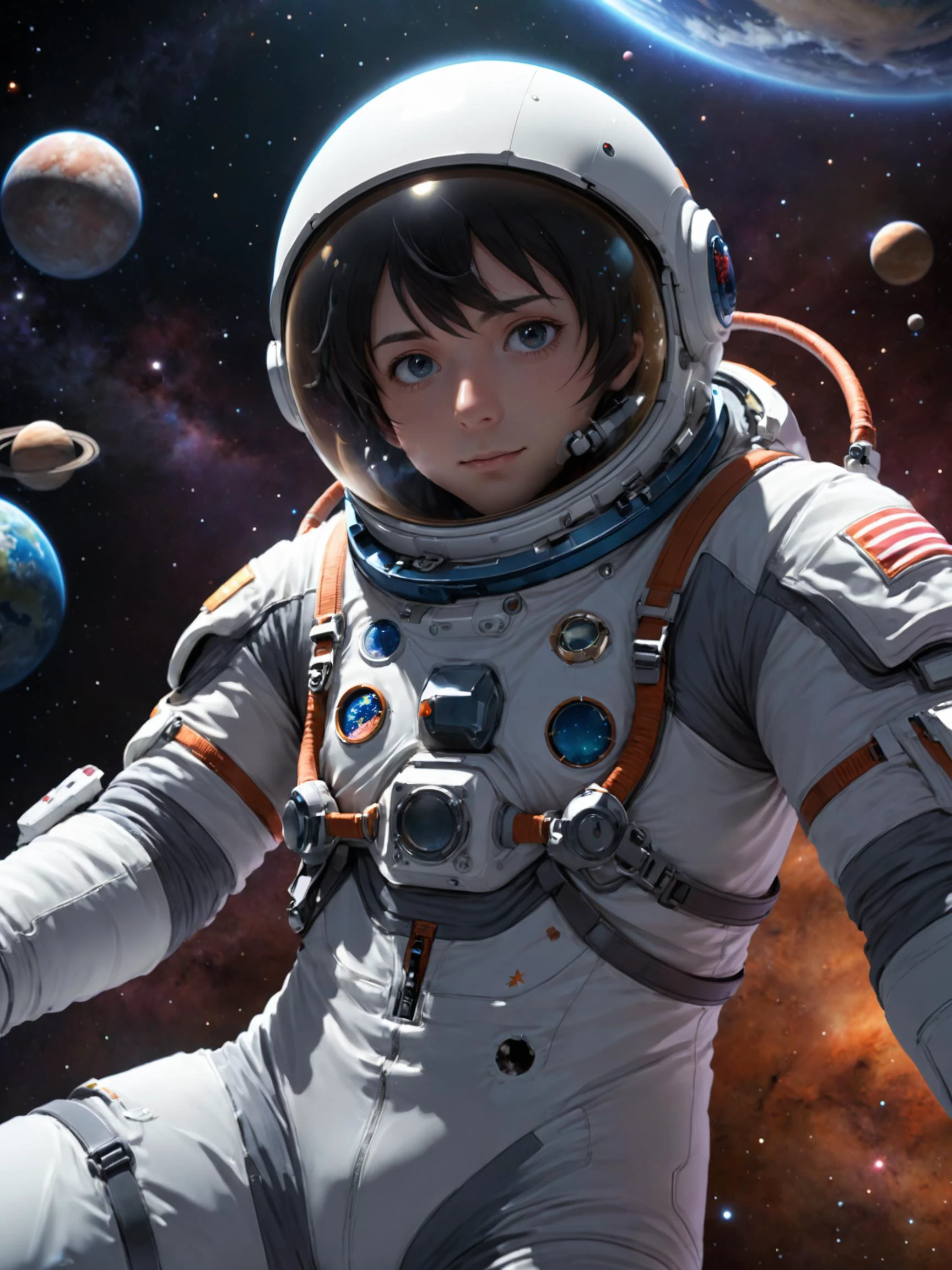 hombre en traje espacial, flotando en el espacio, cara visible 3d estilo anime moderno, antecedentes detallados