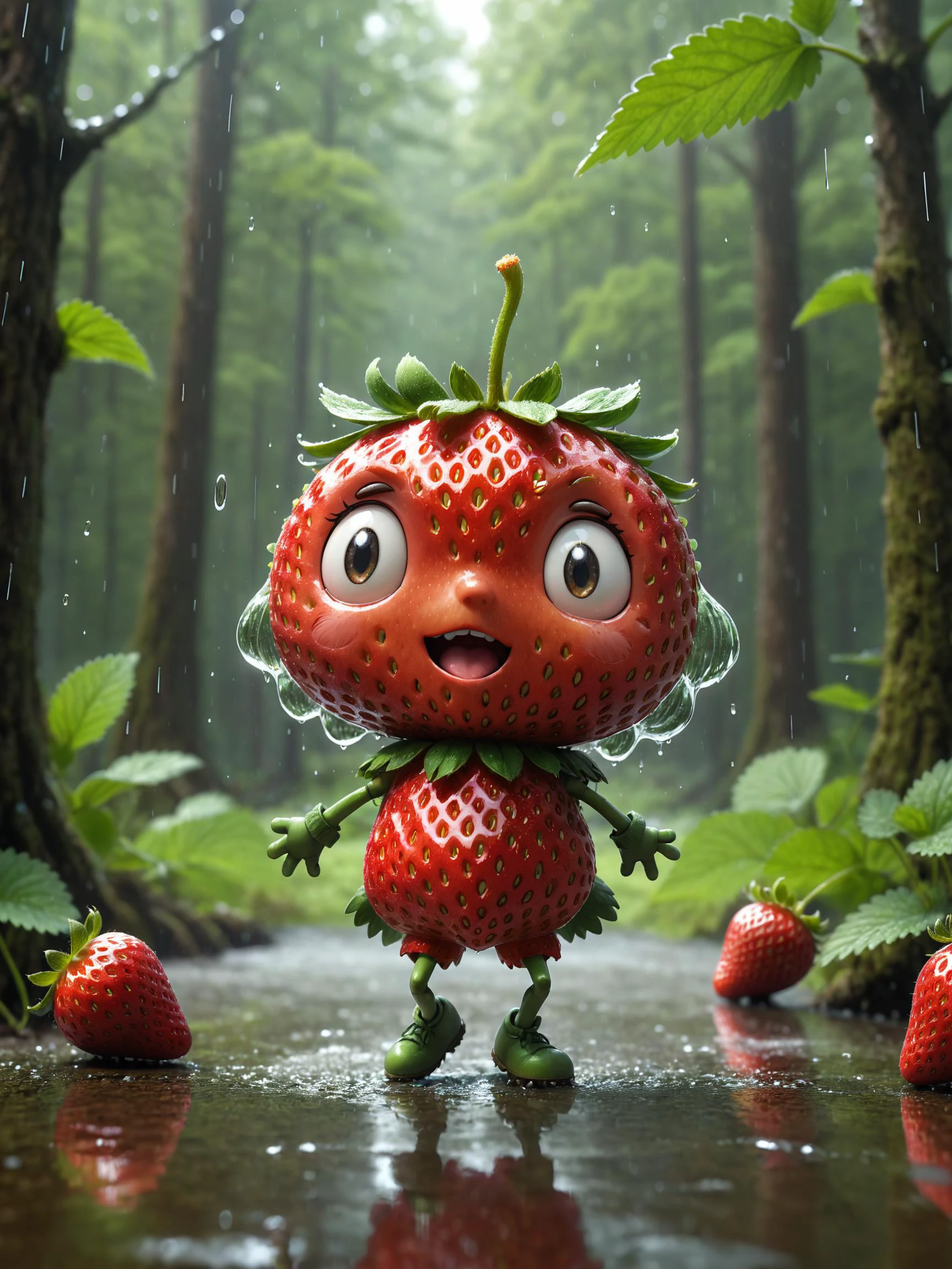 (擬人化人形草莓:1.4) (跳舞:1.2) 在森林裡, 下雨, 動態動作照片人物概念藝術, 日本卡通, 吉卜力工作室, 插圖, 2d, 傑作, 高品質, 8k 超高清 高清 4k, 趨勢, 受欢迎的, 詳細背景, 淺景深, 反思