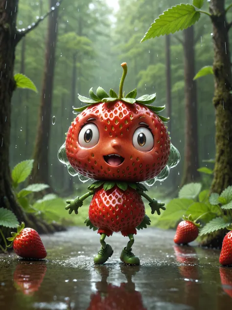 (anthropomorphic humanoid strawberry:1.4) (dancing:1.2) in a forest, raining, dynamic action photo
character concept art, anime,...