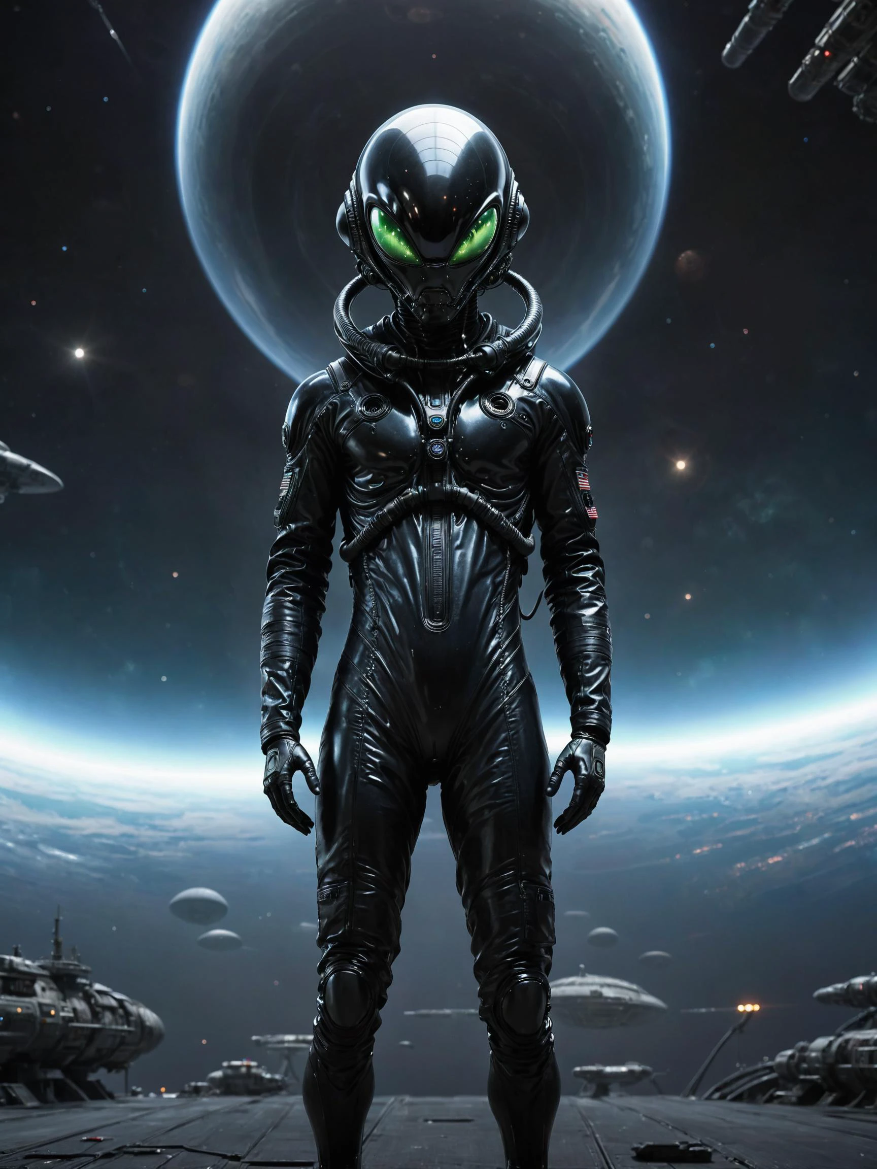 Retrato de um alienígena, vestindo um traje de pressão preto de alta tecnologia, fundo de nave alienígena