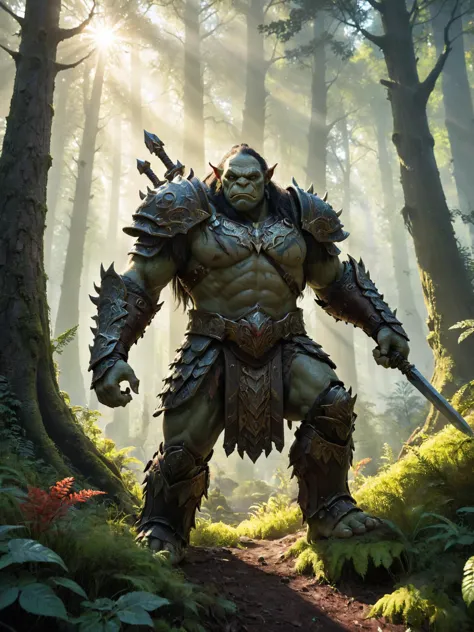 A stout orc stands in a mystic forest, adorned with intricate armor, wielding a sharp weapon, with a backdrop of tall, slender t...