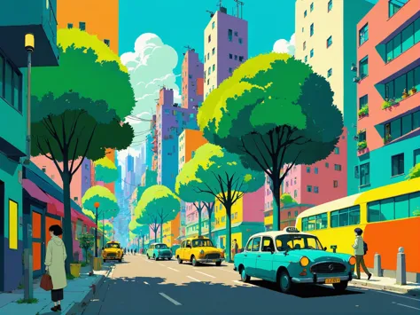 The image depicts a stylized urban setting where the elements of nature, represented by the vibrant trees, coexist harmoniously with the urban structures. The use of bold colors, geometric patterns, and clear divisions between nature and urban life might be an artistic representation of the balance between nature and urbanization. The trees, with their spherical bubbly canopies, add a sense of whimsy and fantasy. The taxi, a common urban symbol, further emphasizes the cityscape. Overall, the concept could be about finding beauty and harmony in urban life, or it might be highlighting the juxtaposition of nature's organic forms against the rigid lines of human-made structures.
Compositionally, the image is well-balanced with the trees serving as central focal points, flanking a central vertical axis. The taxi is positioned at the bottom, anchoring the image. The human figures are dispersed across the image, adding scale and perspective. The color palette is cohesive and harmonious, with the trees transitioning smoothly in hue from the left to the right, creating a sense of depth and dimension.
The artistic style of the image is modern and abstract, with a strong emphasis on geometric shapes and patterns. The use of bold colors and smooth gradients creates a visually striking effect, while the stylized depiction of the trees adds a whimsical and fantastical touch to the scene.
The atmosphere of the image is vibrant and lively, with a sense of dynamism. The bright colors and abstract shapes evoke feelings of wonder and curiosity, while the bustling scene of people suggests the hustle and bustle of city life. Overall, the image exudes a sense of harmony between nature and urban life.
(anime illustration studio ghibli, Picasso, cubism a scanner darkly, cell shading, rotoscope:1.4)