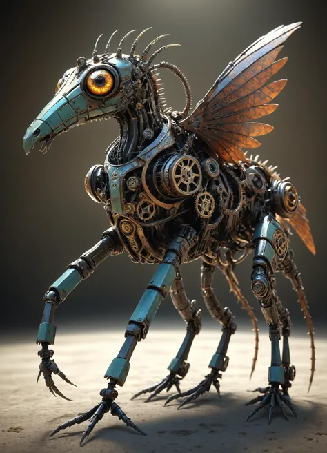 no humans, animal focus, Small Roaming fantasy Geometric Equine, Hexapod Armless, Multi-Jointed Appendages,  Spiked-Tailed, Slick Skin,  Mechanical Wings made of gears and cogs and clockwork,  Double-Jointed Jaw Rust Spore Print 