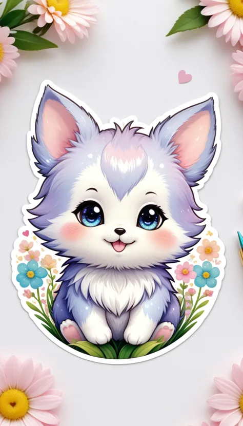 Sticker of a cute, round little animal with big, sparkling eyes and a gentle smile on its face. It has soft, pastel-colored fur....