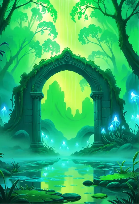 digital storybook illustration, textured brushwork, A mystical swamp with floating will-o'-wisps, ancient stone arches, enigmatic, soft green and blue lighting filtering through the fog __setting-magictrip__<lora:Illustrious7:0.75>c0l0r, sharp focus, low detail, blurry foreground, 8k resolution,