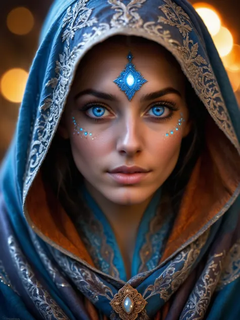 The concept in the image depicts a character adorned in detailed and ornate attire, with intricate patterns and designs on her cloak or shawl. She has a serene expression, with a focus on her piercing blue eyes. The background is filled with glowing lights, possibly representing bokeh effects, creating a mystical or magical ambiance. The overall theme suggests a fantasy or ethereal setting, possibly hinting at a character with significant importance or power within her world.
Compositionally, the character is positioned slightly to the left, creating a sense of balance and leading the viewer's eye towards her face and eyes. The glowing lights in the background serve as a contrasting backdrop, highlighting the character's detailed features and adding depth to the image. The bokeh effect from the lights gives a sense of depth and dimension, making the character stand out more prominently against the background.
The image has a high level of detail, with the character's features meticulously crafted, from her expressive eyes to the intricate patterns on her cloak. The color palette is rich, with a mix of warm and cool tones, creating a mystical and ethereal ambiance. The use of light, especially the glowing lights in the background, enhances the depth and dimension of the image, making the character stand out prominently.
The atmosphere behind the image is mystical and enchanting, created by the glowing lights in the background, which appear to be emanating from or reflecting off various surfaces. The serene expression on the character's face, coupled with the ethereal glow, evokes a sense of calm and tranquility. It gives a feeling of a fantasy or magical world, where the character may hold significant importance or power.
The color palette of the image is rich and diverse. It consists of cool tones like blues and grays, especially in the character's eyes and the background. There are also warm tones like reds and oranges, especially in the character's lips and the glowing lights in the background. These colors come together to create a harmonious and visually appealing image.
(blemishes, acne, moles, pores, natural skin texture:0.4)