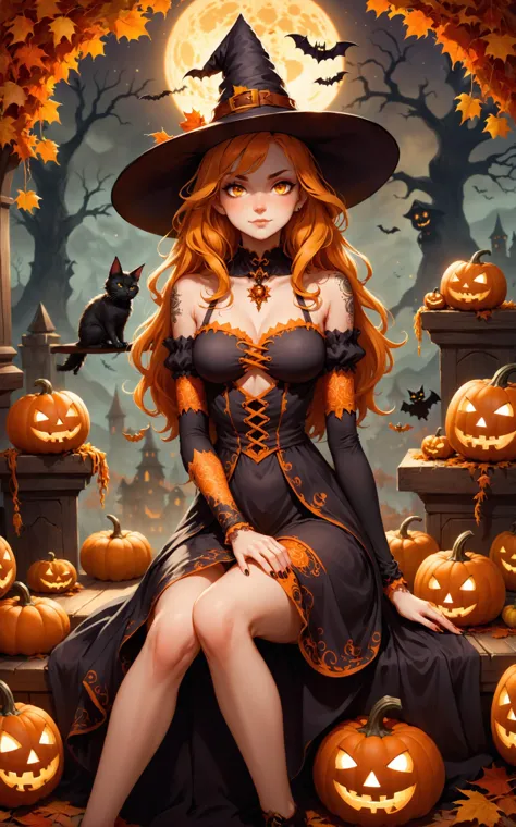 a female character, a witch, sitting amidst a backdrop of a Halloween-themed setting. She wears a large pointed hat adorned with...