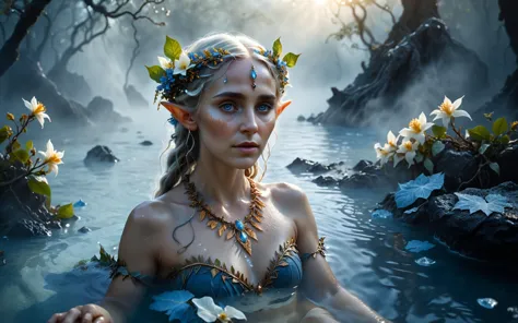 female elf druid priestess adorned with flowers, vines, and leaves, bathing in hot spring, crystal blue volcanic water, steamy m...