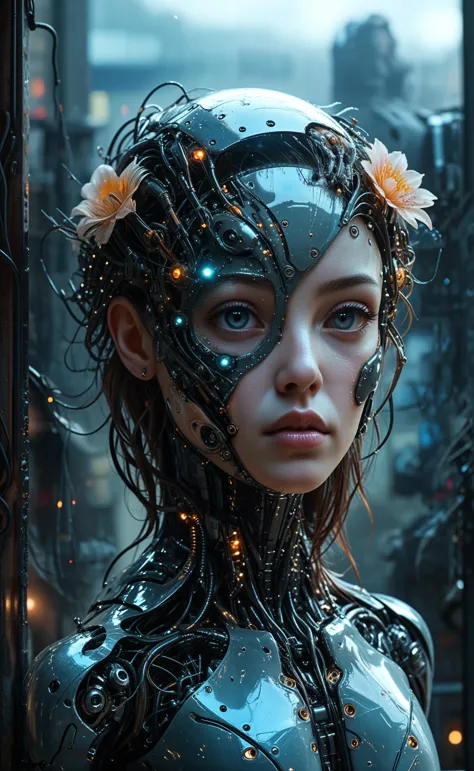 (masterpiece), (best quality), (ultra-detailed),  futuristic cyborg woman, detailed and lifelike, with intricate mechanical comp...